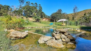 Entorn exterior tranquil amb una piscina nítida, pedres i una casa petita al fons.