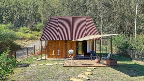 Una cabana rústica de fusta, amb un porxo cobert i mobles d'exterior, i un bosc natural de fons.