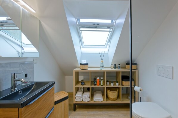 A modern bathroom with a skylight, a wooden vanity, a toilet, and a shelf with toiletries. - Studio BRUME In the heart of PORTBAILAccess to the swimming pool (Port-Bail-sur-Mer)