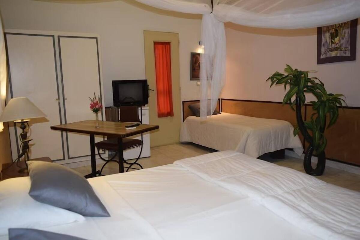 A hotel room with a bed, a desk with a chair, a television, and a plant.