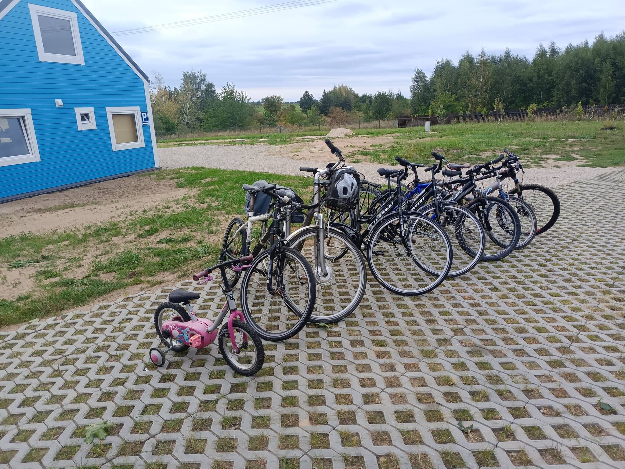 A blue building with a parking sign, a paved area with bicycles, and a grassy field in the background.