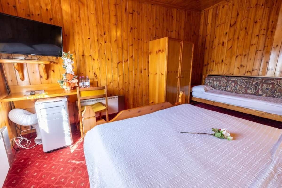 A wooden room with a bed, a desk, a chair, a television, and a wardrobe.