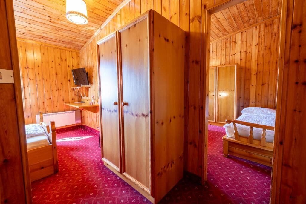 A wooden-paneled room with a bed, a wardrobe, and a television.