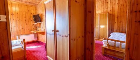 A wooden-paneled room with a bed, a wardrobe, and a television.