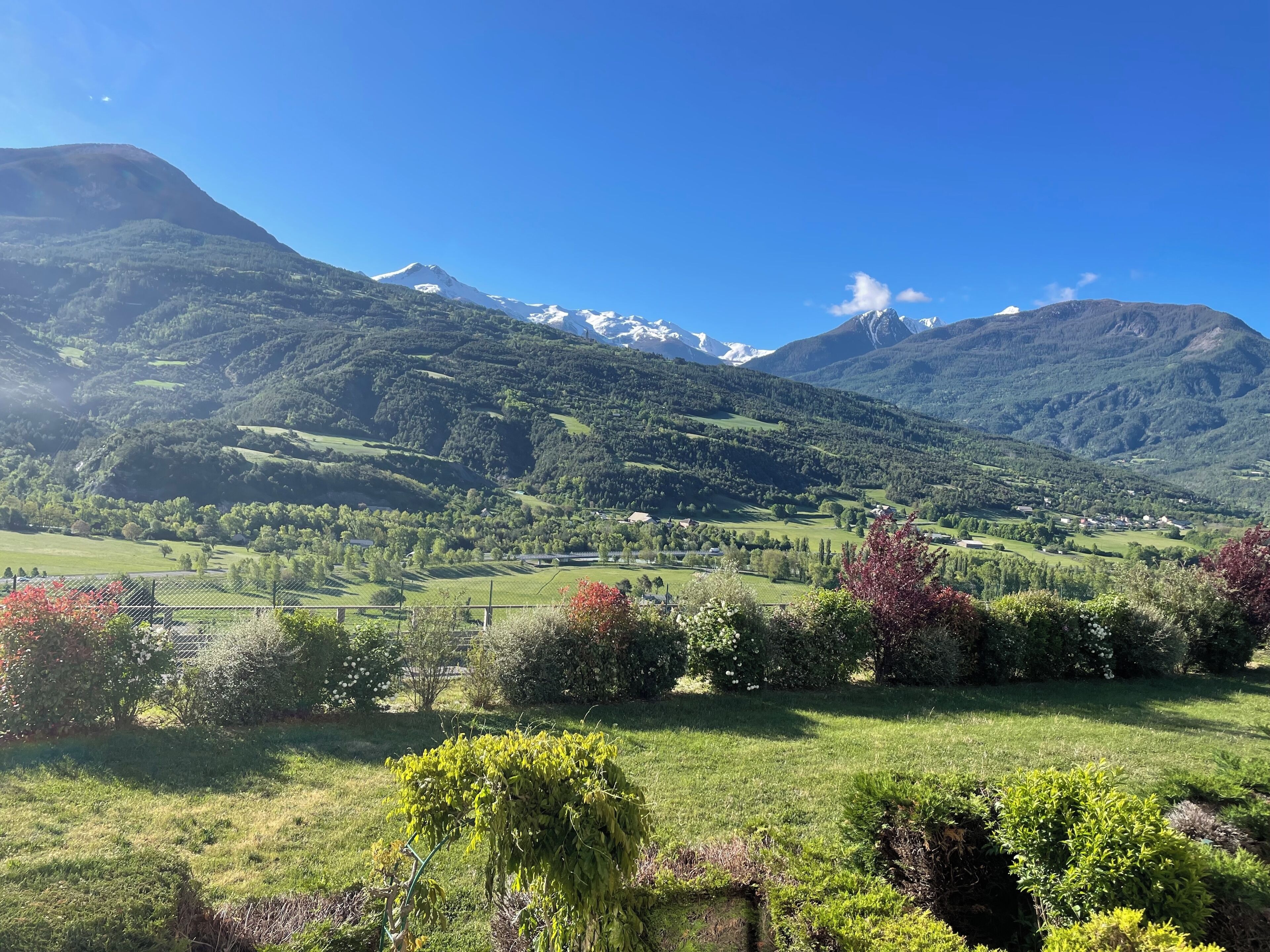 Un paisaje montañoso con cielo despejado, vegetación exuberante y picos nevados a lo lejos.