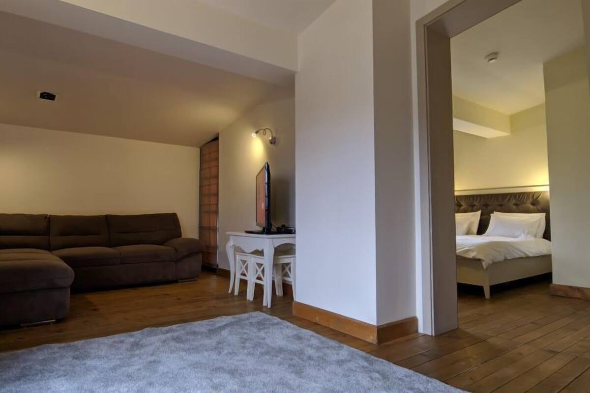 Ein Wohnzimmer mit einer Couch, einem kleinen Tisch, einem Fernseher und einem Bett im angrenzenden Raum.