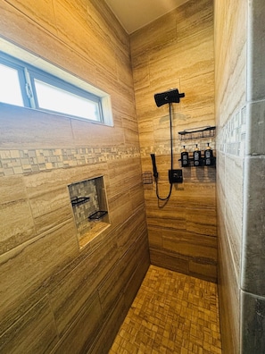 Hair dryer, towels, soap, shampoo