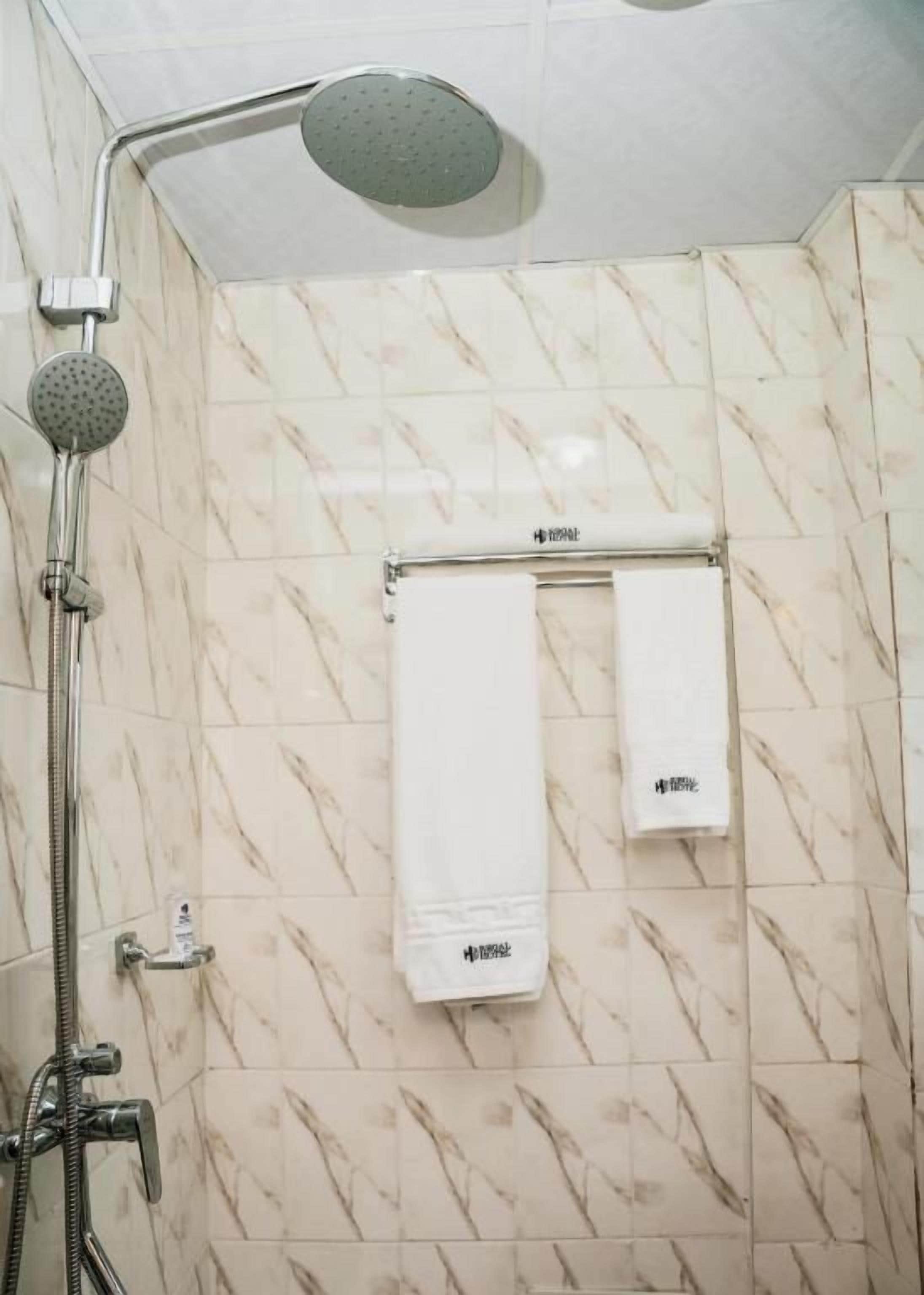 Une douche équipée d’un pommeau de douche à main et d’un porte-serviettes avec deux serviettes.