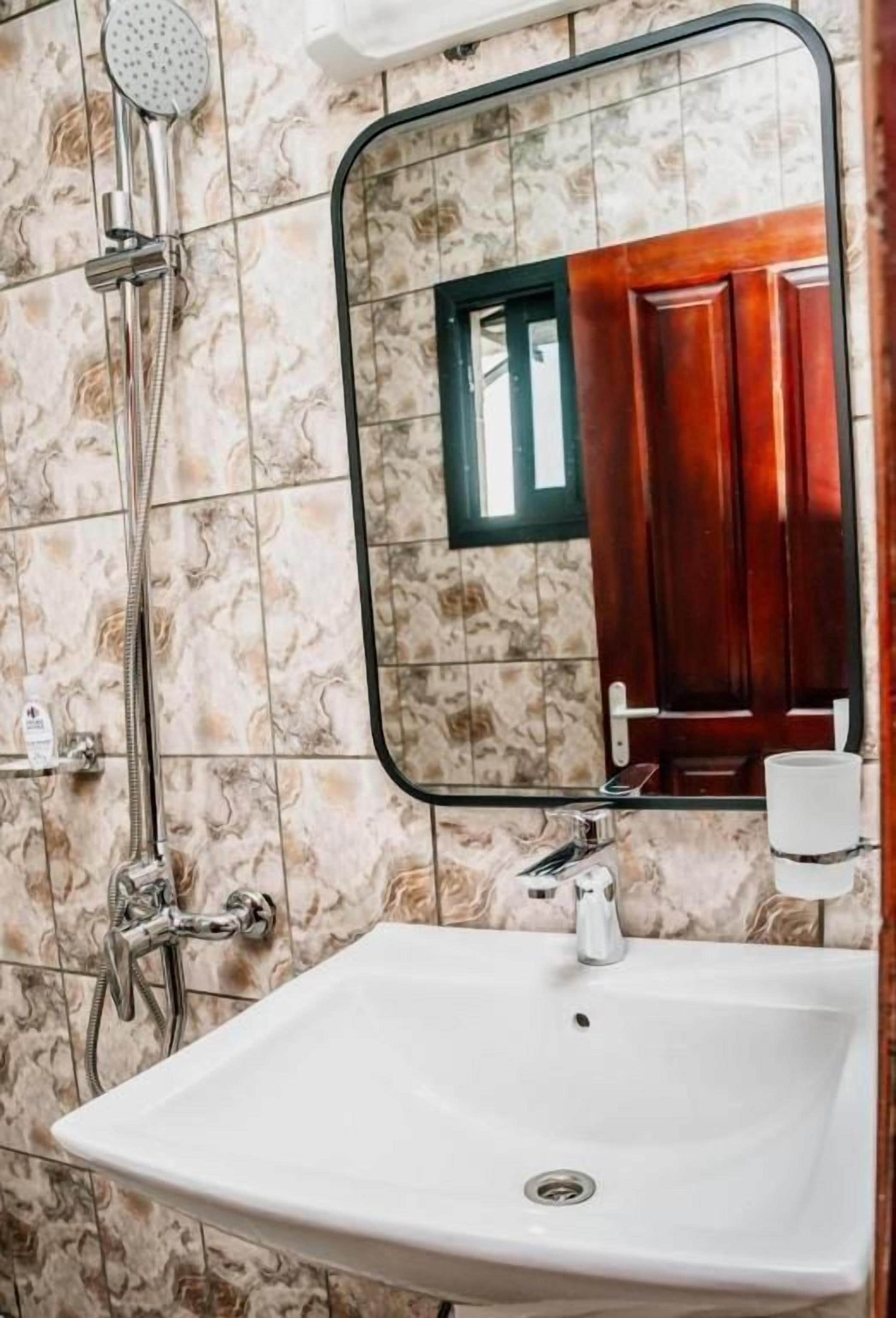 A bathroom with a white sink, a handheld showerhead, and a mirror with a wooden door reflection.