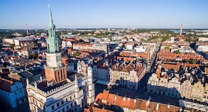 Vista aérea de una ciudad histórica con arquitectura destacada, incluyendo una torre alta y una catedral.