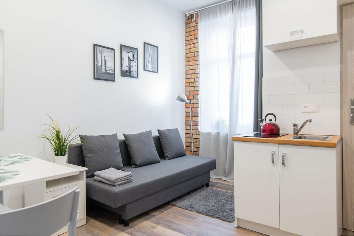 A compact living space with a sofa, a small dining table, a kitchen area with a kettle, and a brick accent wall.