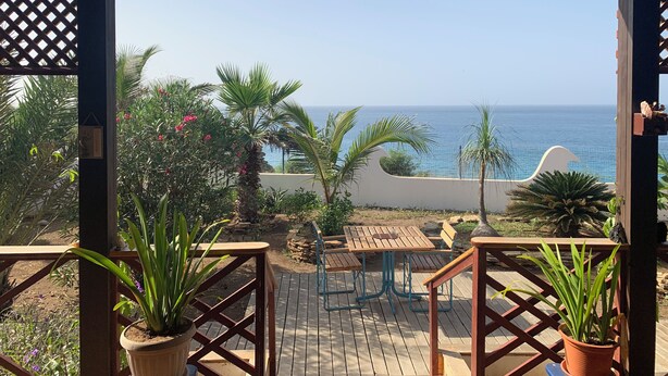 A wooden deck with a table and chairs, surrounded by potted plants and palm trees, overlooking a clear blue sea.