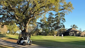 A golf course with a clubhouse, a golf cart, and a flag on the green. - Cozy 1-bedroom condo in lovely Diamondhead with AC (Diamondhead)
