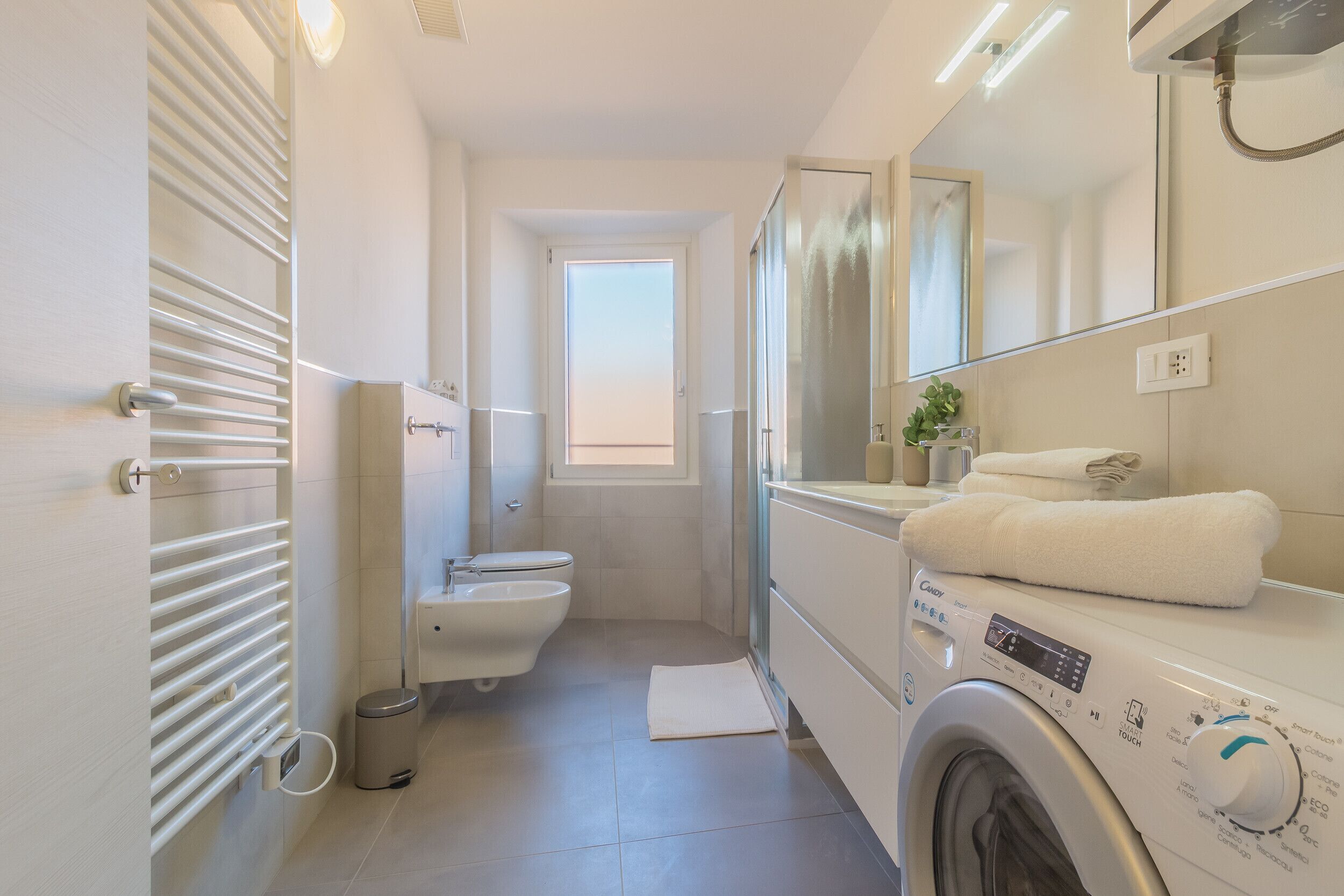Shower, hair dryer, bidet, towels