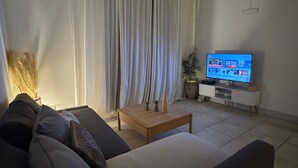 Ein Wohnzimmer mit einer Couch, einem Couchtisch, einem Fernseher und einem Blumentopf.