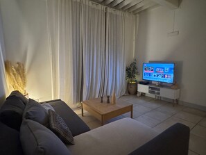 A living room with a sofa, a coffee table, a TV, and a potted plant. - Bright Nîmes Center Flat with Terrace (Nîmes)