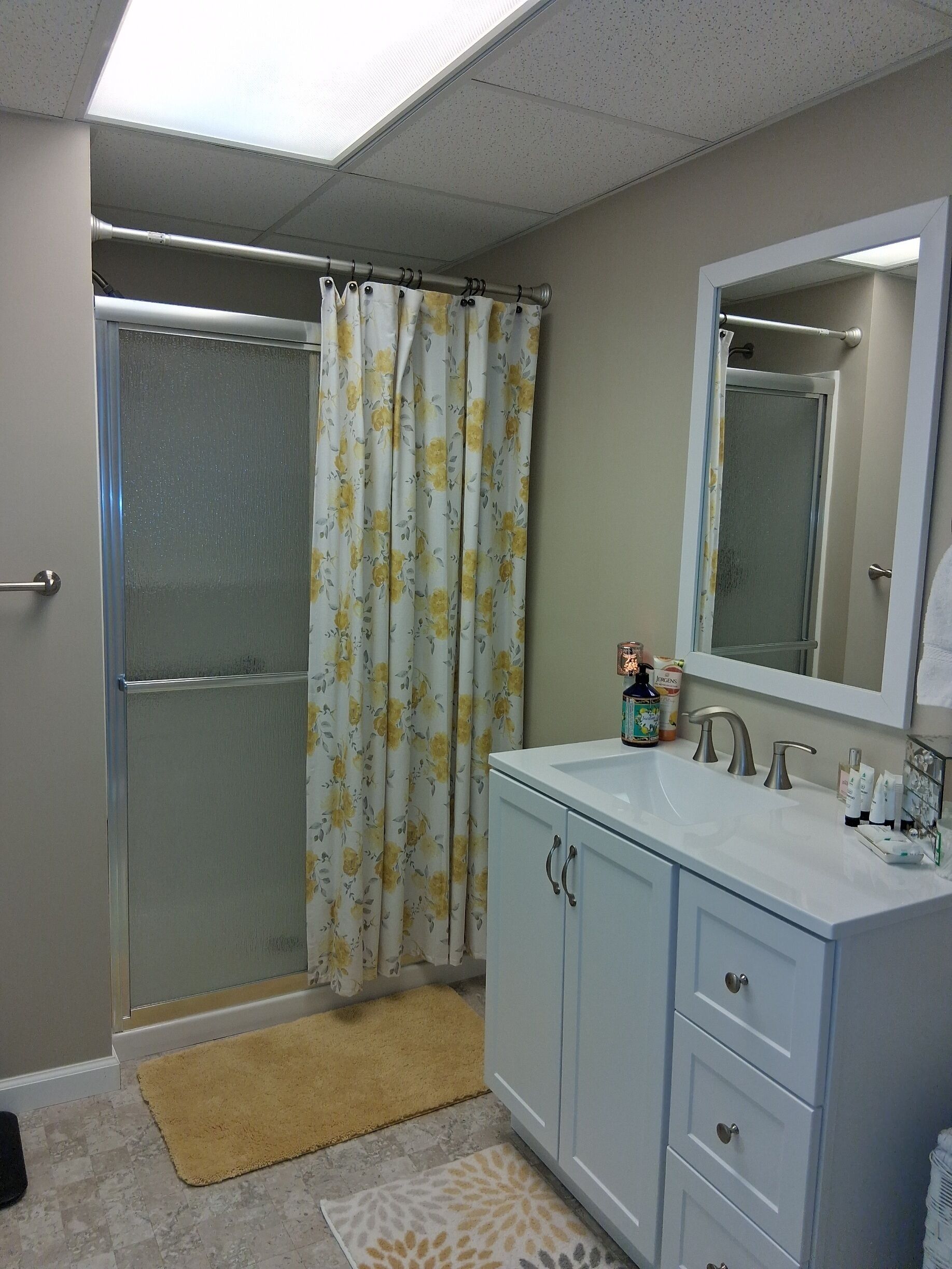 Hair dryer, towels, soap, shampoo