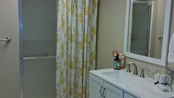 Hair dryer, towels, soap, shampoo
