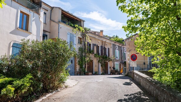 A narrow street with buildings on either side, a no parking sign, and lush greenery.