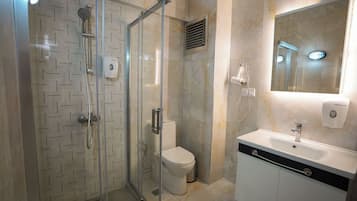 Shower, hair dryer, bidet, towels