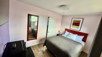 Une chambre d’hôtel avec un lit, une table de chevet avec une lampe, un miroir et un luminaire au plafond.