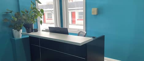 Une pièce aux murs de couleur turquoise, avec un bureau noir sur lequel se trouve un ordinateur portable, deux fenêtres et une plante en pot.