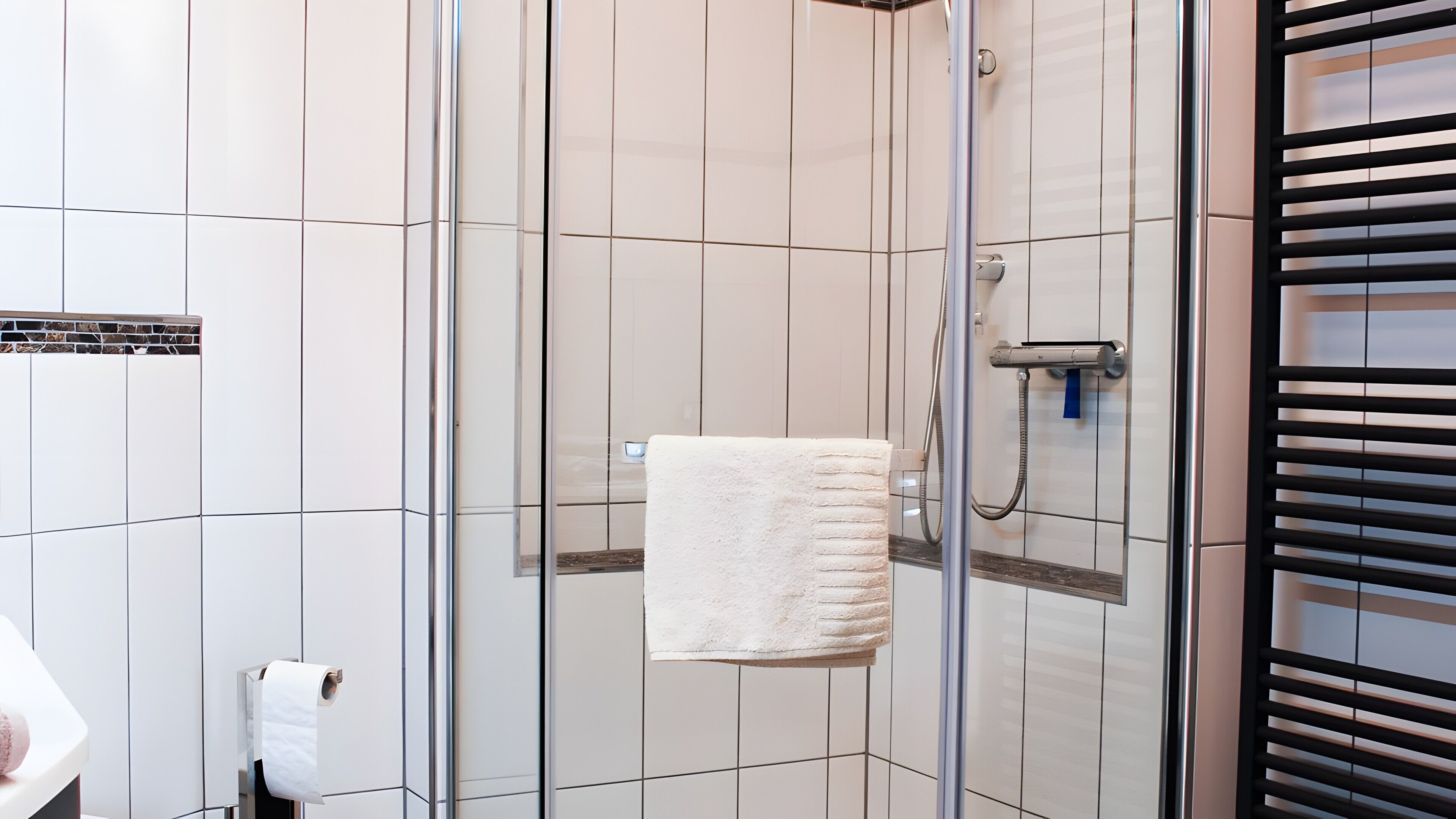 Eine Dusche mit Glastür, ein Handtuch an der Wand und ein Toilettenpapierhalter.