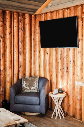 A room with a wooden wall, a mounted flat-screen TV, a gray sofa with a deer-patterned pillow, a small wooden side table with a lamp, and a wooden coffee table.