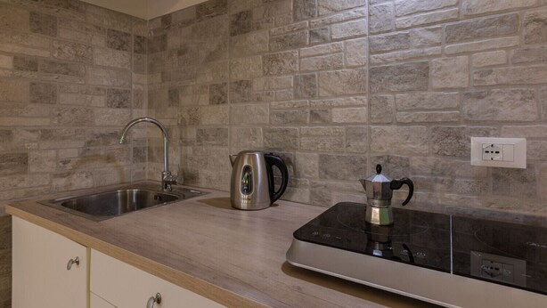 A kitchen with a granite backsplash, stainless steel sink, and a built-in electric stove. - The Green Attic by Wonderful Italy (Torino)