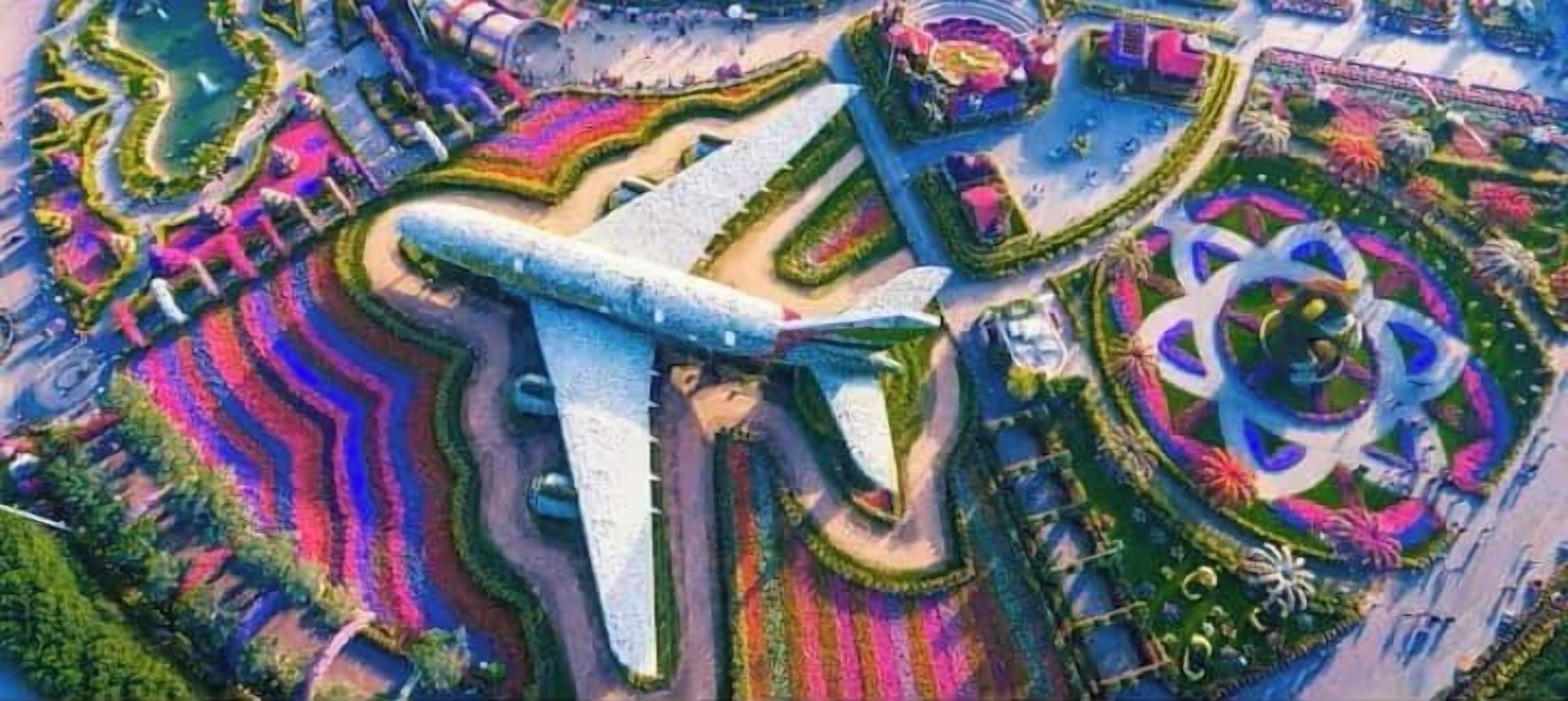 An aerial view of a large airport with a prominent airplane, surrounded by colorful landscaping and various airport facilities.