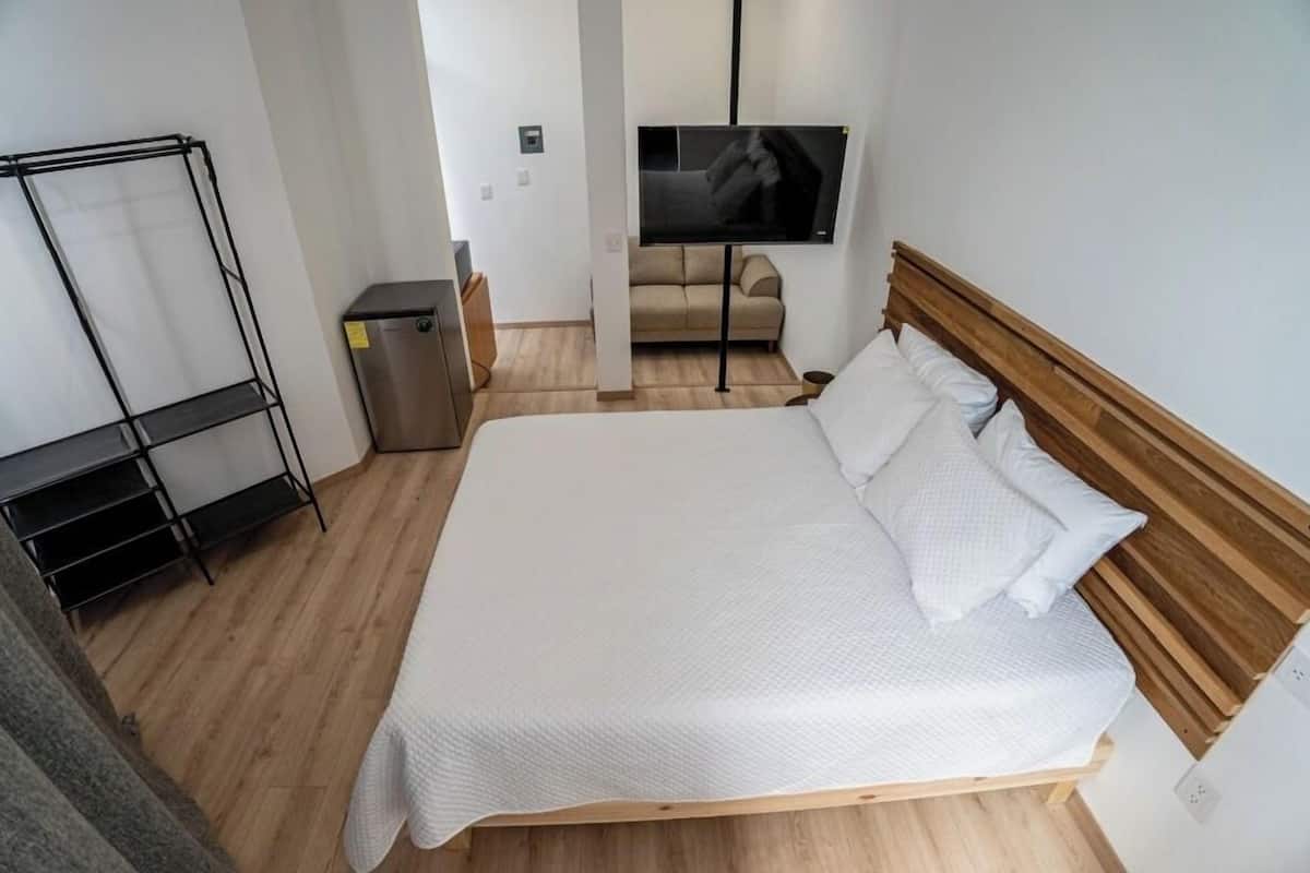 Un dormitorio con cama, televisor, sofá y estantería metálica.