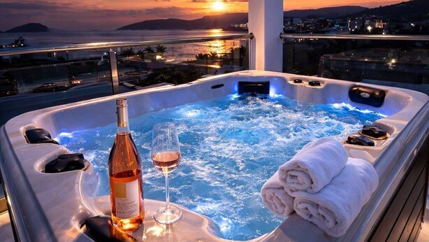 Una vasca idromassaggio con una bottiglia di vino e un bicchiere, asciugamani e vista sul tramonto.