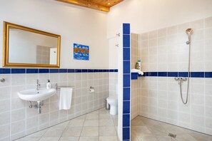 Une salle de bain équipée d’un lavabo, de toilettes, d’une douche et d’un miroir.