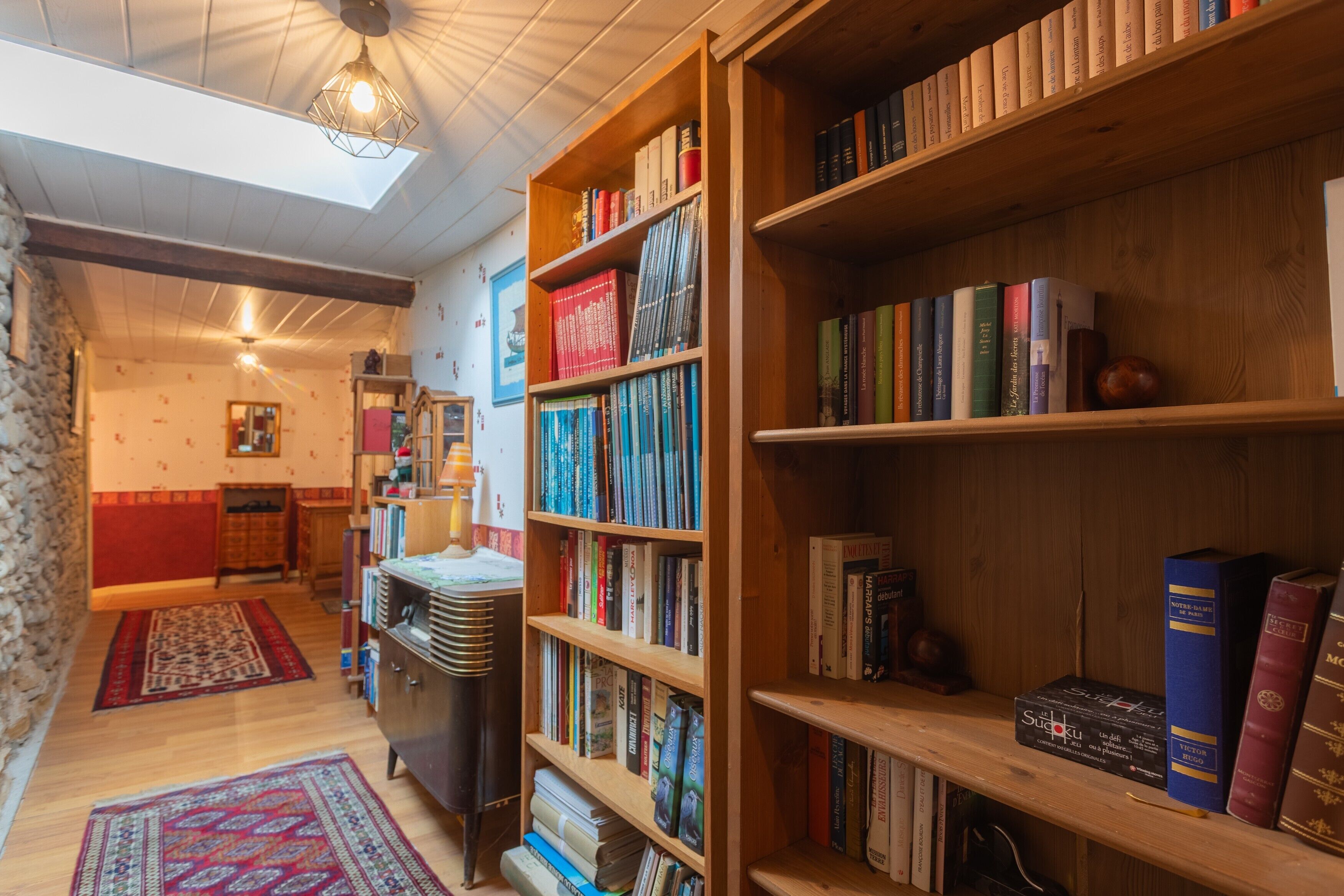 A cozy room with a skylight, wooden bookshelves, and a fireplace.