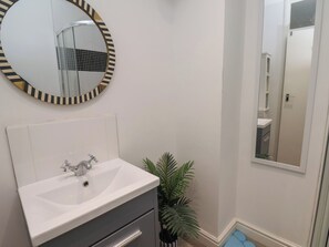 A bathroom with a white sink, a mirror with a striped frame, and a potted plant. - Granby Place Apartment 3 (Scarborough)