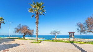 A paved walkway with palm trees, a bench, and a sign near the sea. - Casa Blasi by BarbarHouse (San Pietro Vernotico)