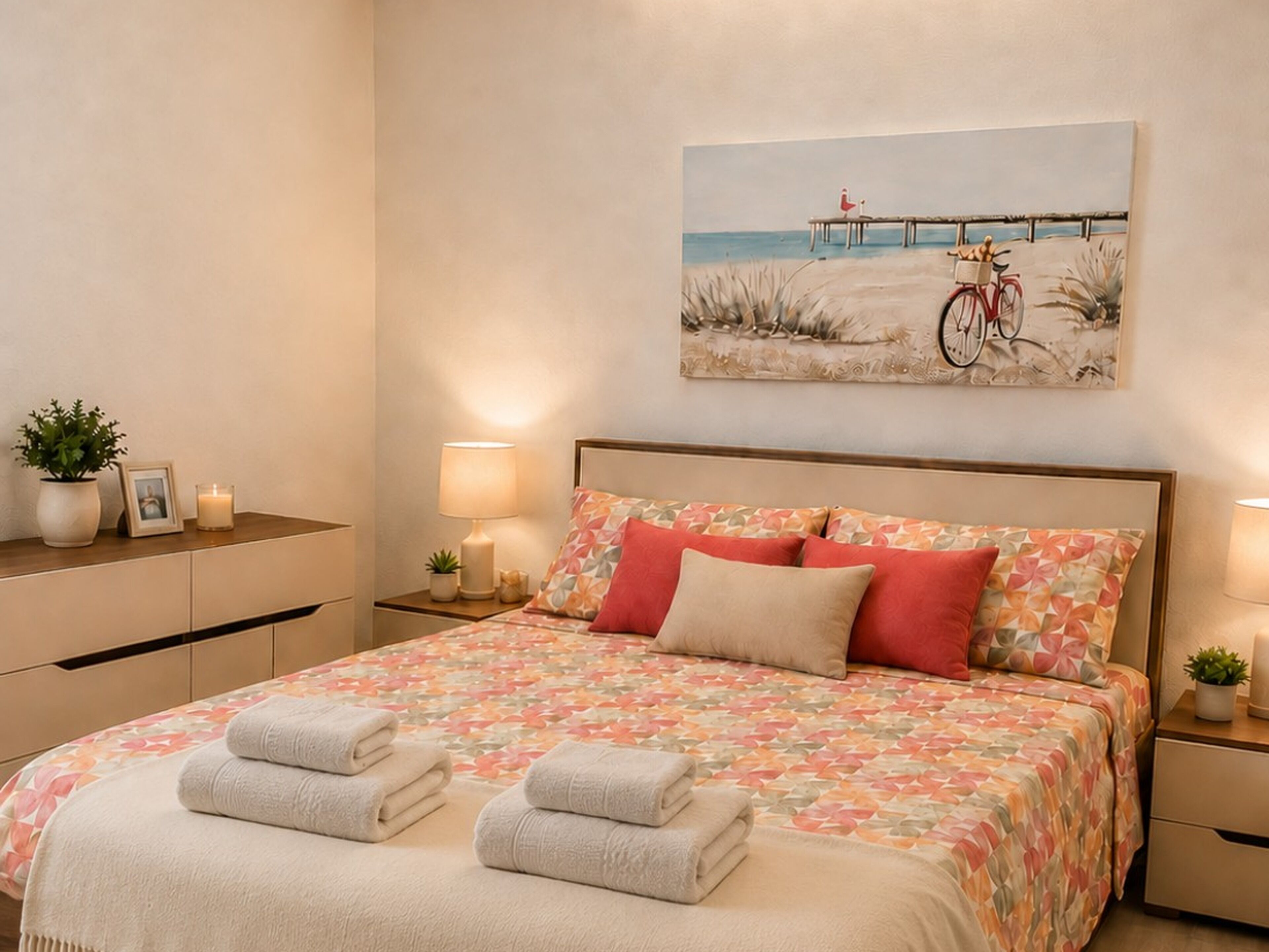 Ein Schlafzimmer mit einem Bett, zwei Nachttischen, einem Wandbild und einer Zimmerpflanze.