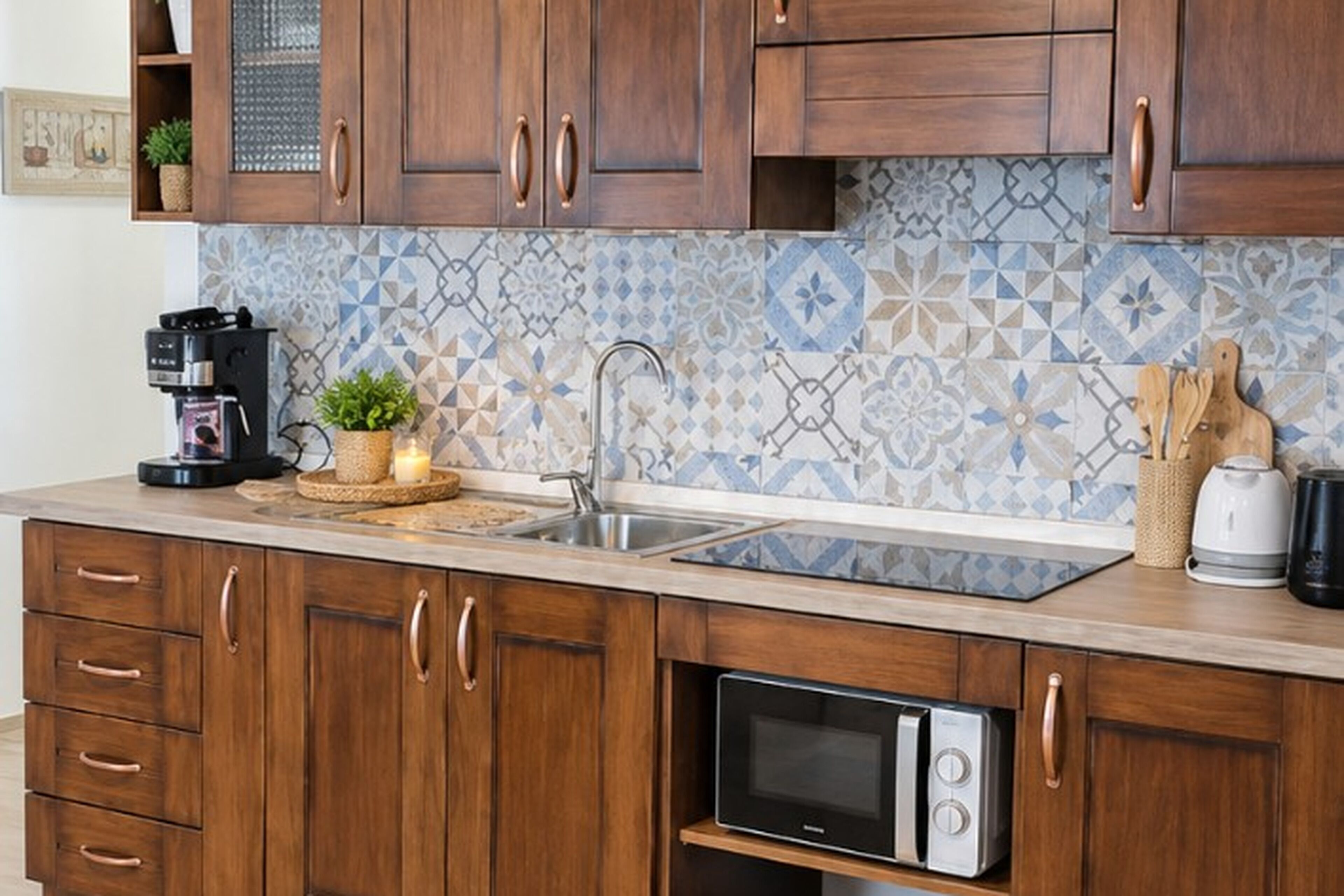 A kitchen with wooden cabinets, a built-in microwave, and a tiled backsplash.