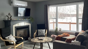 A modern living room with a fireplace, a television, and a large window. - Delightful 2-bedroom cottage with AC. Highway 1 Trans Canada near Badger (Badger)
