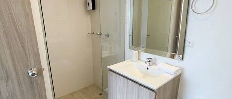 A modern bathroom with a glass shower enclosure, a vanity with a mirror, and a toilet.