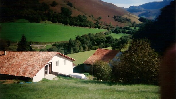 Un paisaje rural con colinas ondulantes, un edificio blanco con techo rojo y un árbol en primer plano.