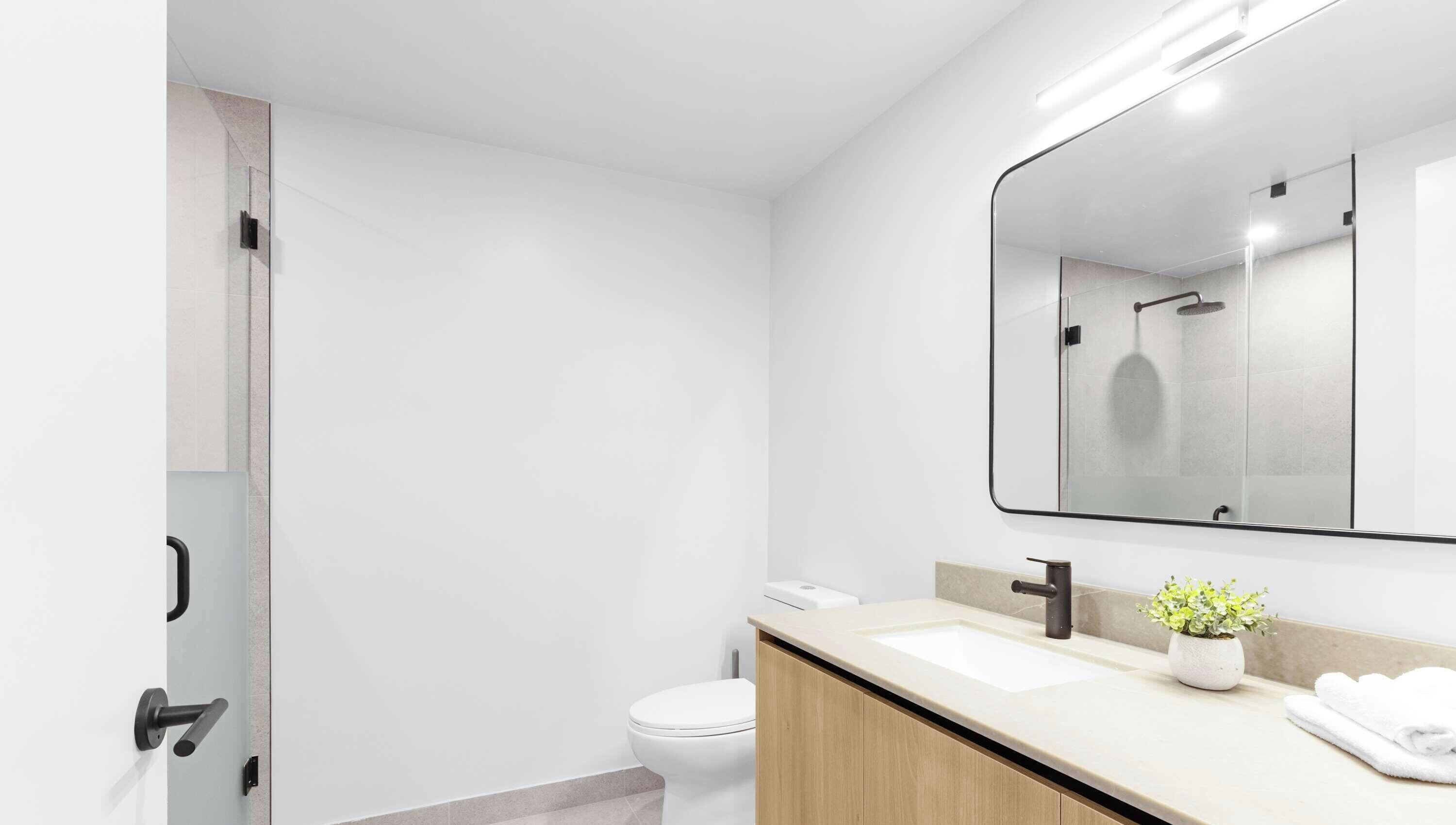 A modern bathroom with a toilet, sink, and shower.