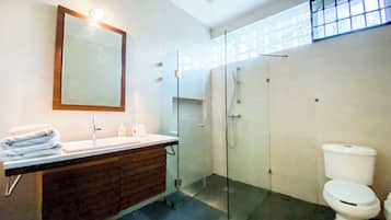 Een douche, een haardroger, handdoeken, shampoo