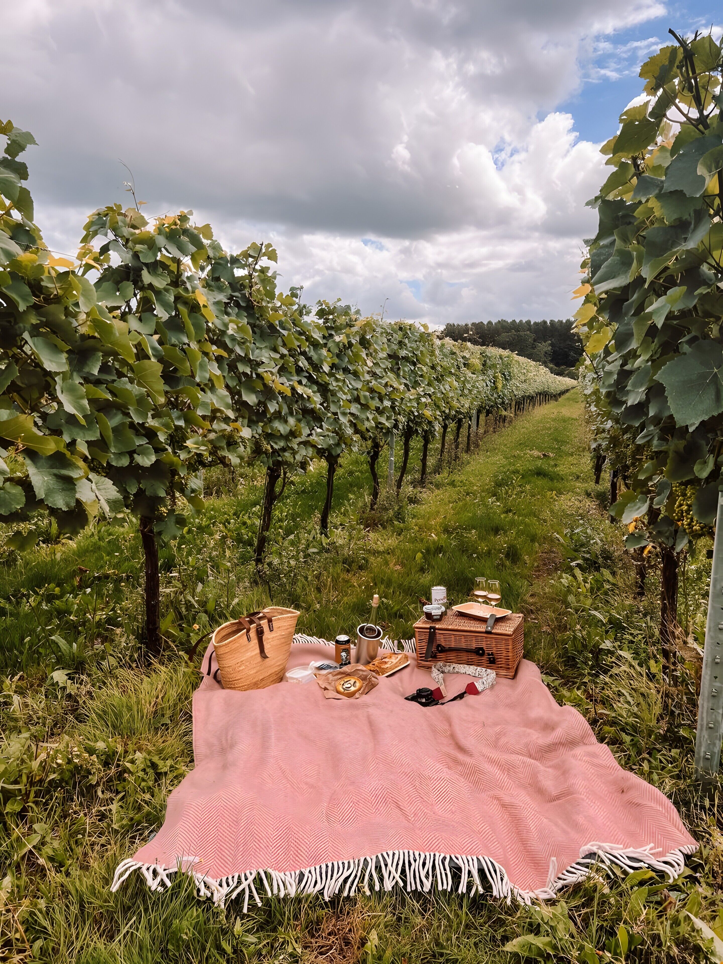Viñedo con hileras de vides, un montaje para picnic con manta, cesta y utensilios.