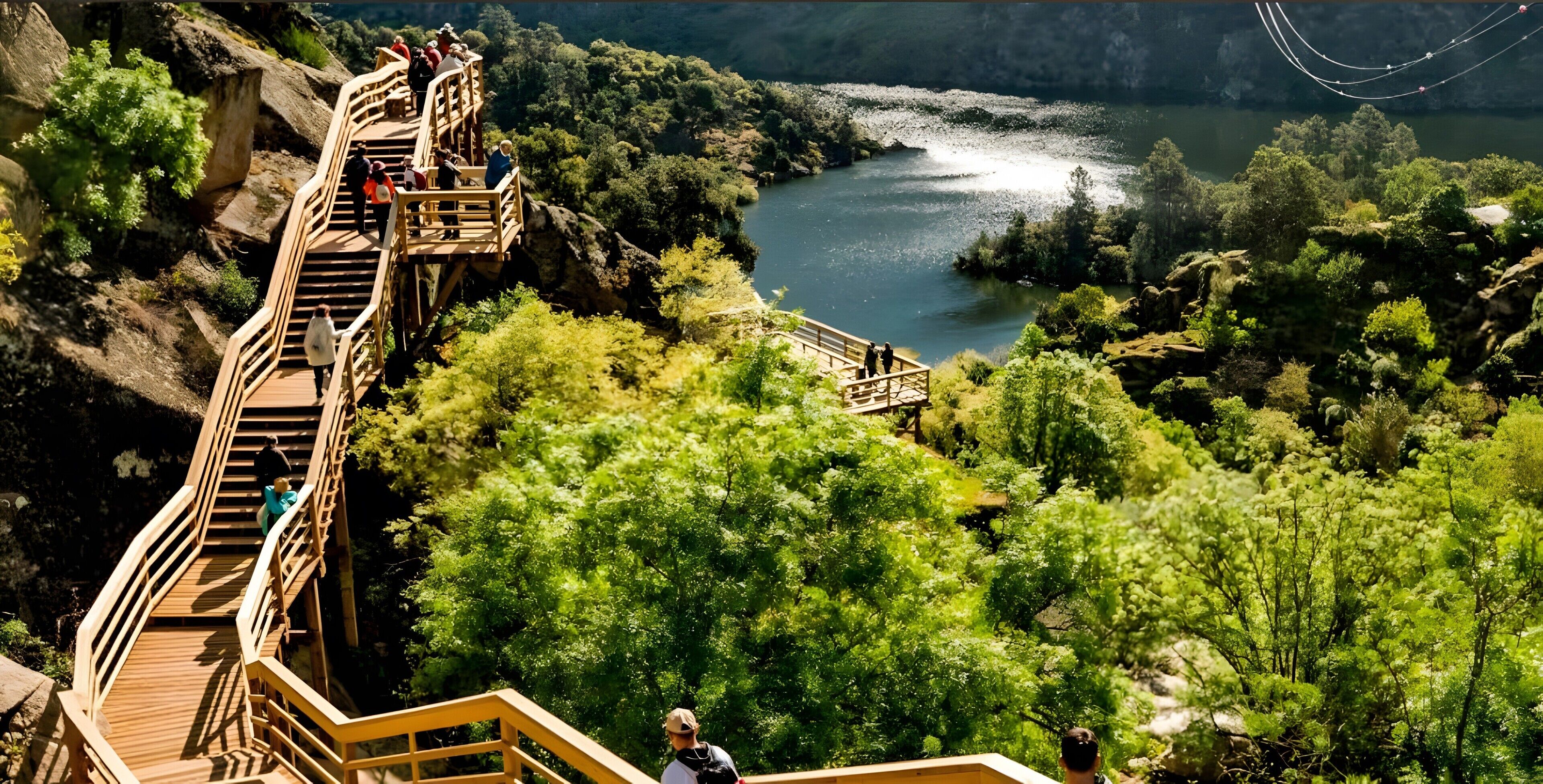 A wooden staircase leading to a viewing platform overlooking a river and forested area.