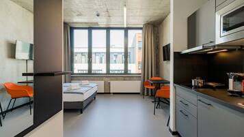 Mini-fridge, microwave, stovetop, dishwasher
