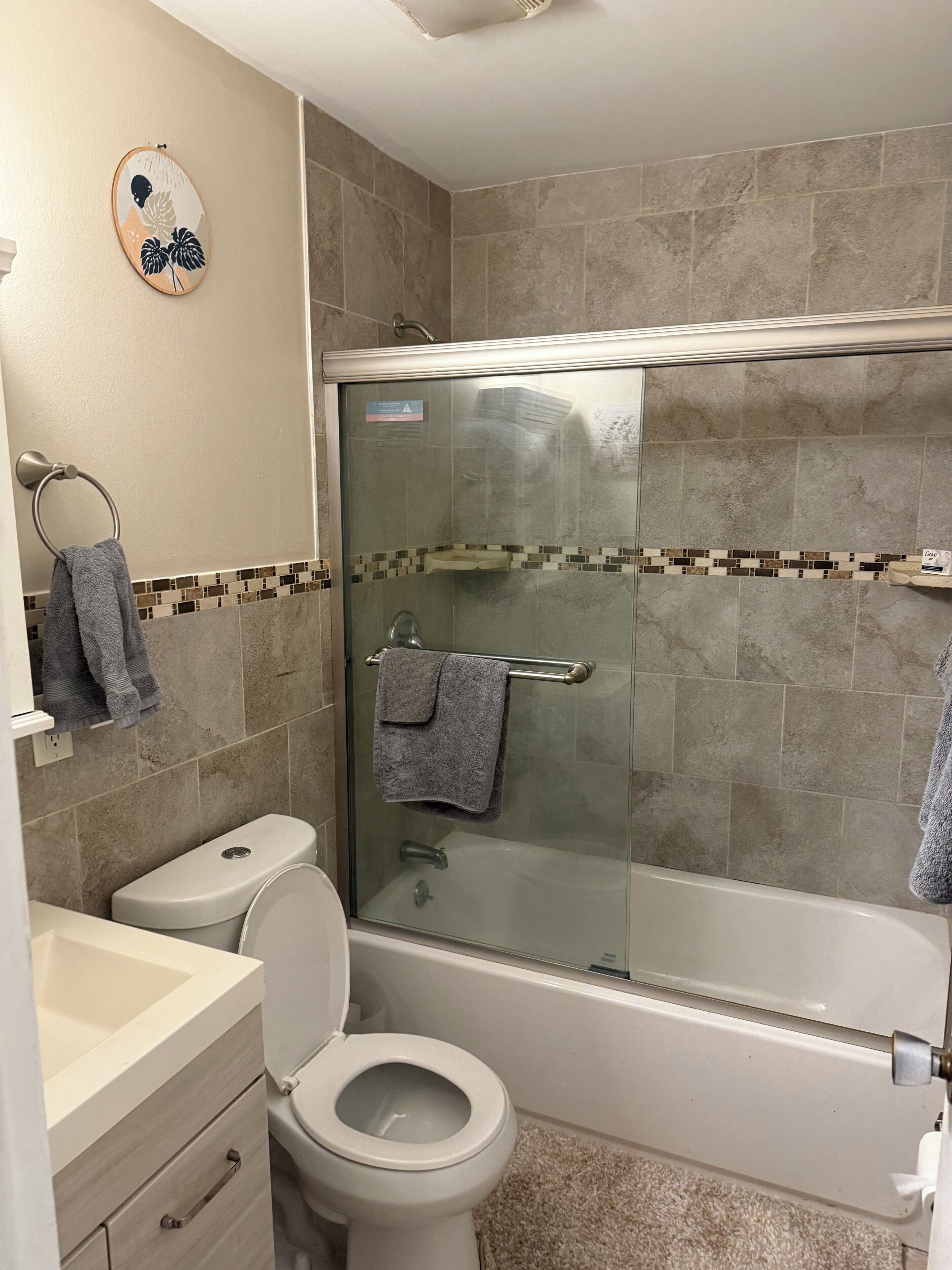 Hair dryer, towels, soap, toilet paper