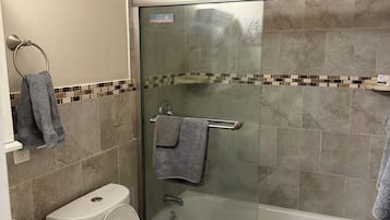 Hair dryer, towels, soap, toilet paper