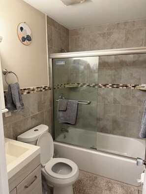 Secadora de cabello, toallas, jabón, papel de baño 