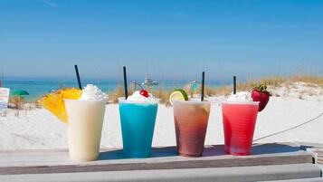 On the beach, sun loungers